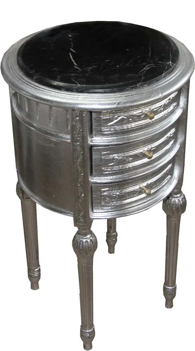 Casa Padrino Barock Kommode / Beistelltisch Silber mit schwarzer Marmorplatte Höhe 72 cm, Durchmesser 41 cm - Nachttisch Konsole