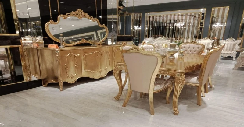 Casa Padrino Luxus Barock Esszimmer Set Rosa / Gold - 1 Barock Esstisch & 6 Barock Esszimmerstühle mit elegantem Muster - Esszimmer Möbel im Barockstil - Edel & Prunkvoll