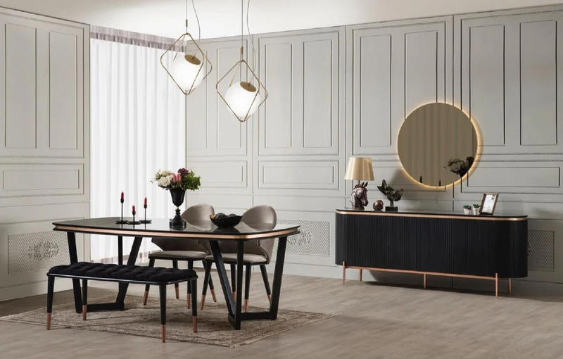Casa Padrino Luxus Esszimmer Set Grau / Schwarz / Kupfer - 1 Luxus Esszimmertisch & 6 Luxus Esszimmerstühle mit Armlehnen - Esszimmer Möbel - Restaurant Möbel - Luxus Möbel - Luxus Einrichtung