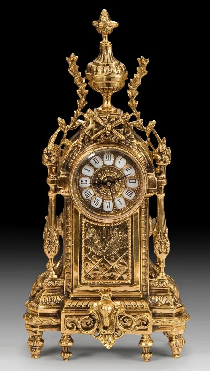 Casa Padrino Luxus Barock Tischuhr Gold 21 x H. 44 cm - Handgefertigte Bronze Uhr im Barockstil - Barock Schreibtischuhr - Barock Schreibtisch Deko - Barock Deko Accessoires - Barockstil Uhren
