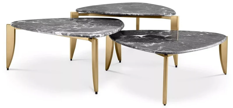 Casa Padrino Luxus Couchtisch 3er Set Messing / Grau - Messing Wohnzimmertische mit Marmorplatte - Wohnzimmer Möbel - Hotel Möbel - Luxus Qualität