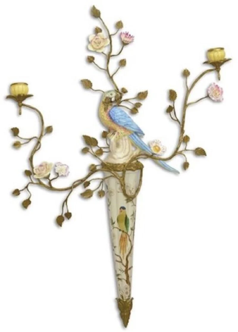 Casa Padrino Jugendstil Wandkerzenhalter Papagei Mehrfarbig / Messing 55 x H. 79,2 cm - Porzellan Wand Kerzenhalter - Barock & Jugendstil Wanddeko