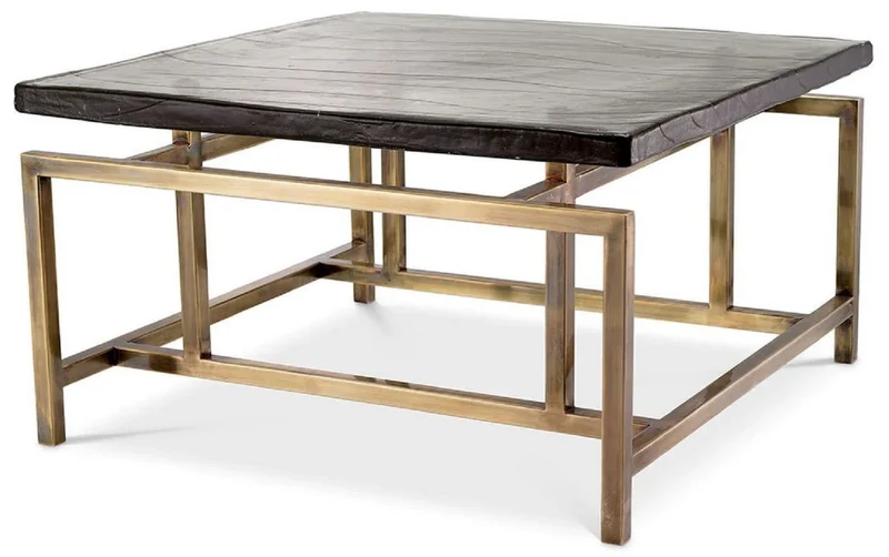 Casa Padrino Luxus Couchtisch Vintage Messing 60,5 x 60,5 x H. 34 cm - Quadratischer Edelstahl Wohnzimmertisch mit Glasplatte - Wohnzimmer Möbel - Hotel Möbel - Luxus Möbel - Luxus Qualität