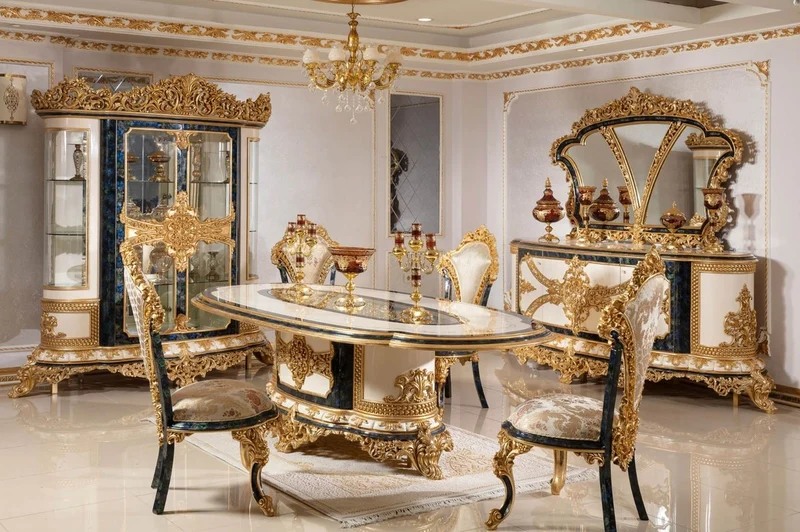 Casa Padrino Luxus Barock Esszimmer Set Weiß / Mehrfarbig / Blau / Gold - 1 Barock Esstisch & 6 Barock Esszimmerstühle - Barock Esszimmer Möbel - Edel & Prunkvoll