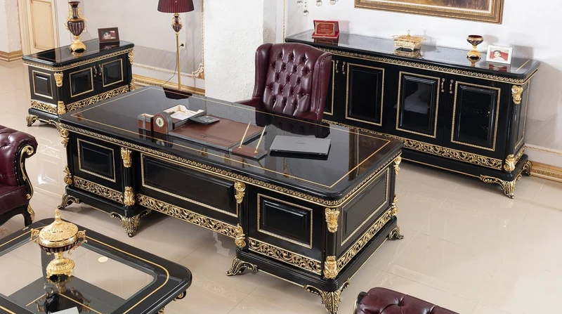Casa Padrino Luxus Barock Schreibtisch Schwarz / Gold - Prunkvoller Massivholz Bürotisch - Barock Büromöbel - Edel & Prunkvoll