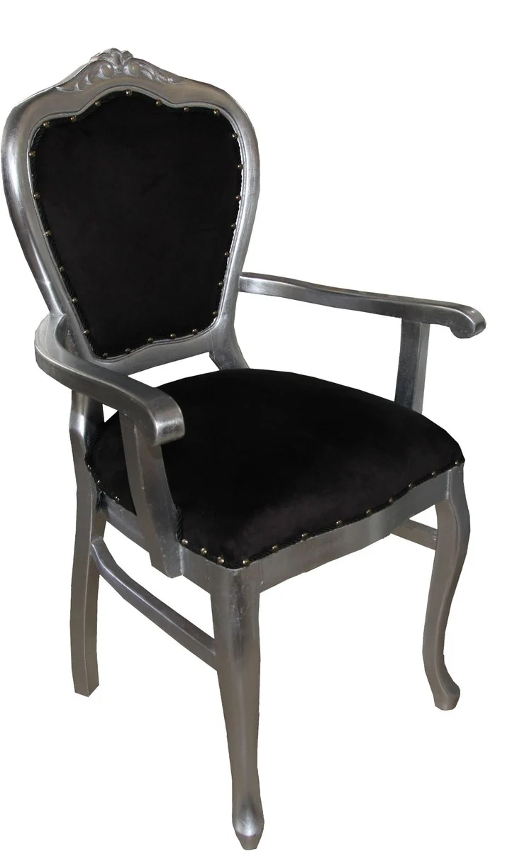 Casa Padrino Barock Luxus Esszimmer Stuhl mit Armlehnen Schwarz / Silber - Möbel - Limited Edition