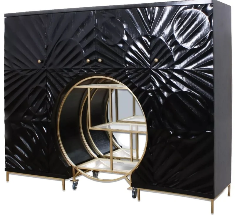 Casa Padrino Luxus Barschrank Schwarz / Messing 178 x 45 x H. 140 cm - Massivholz Cocktailschrank - Bar Möbel - Wohnzimmer Möbel - Hotel Möbel - Luxus Möbel
