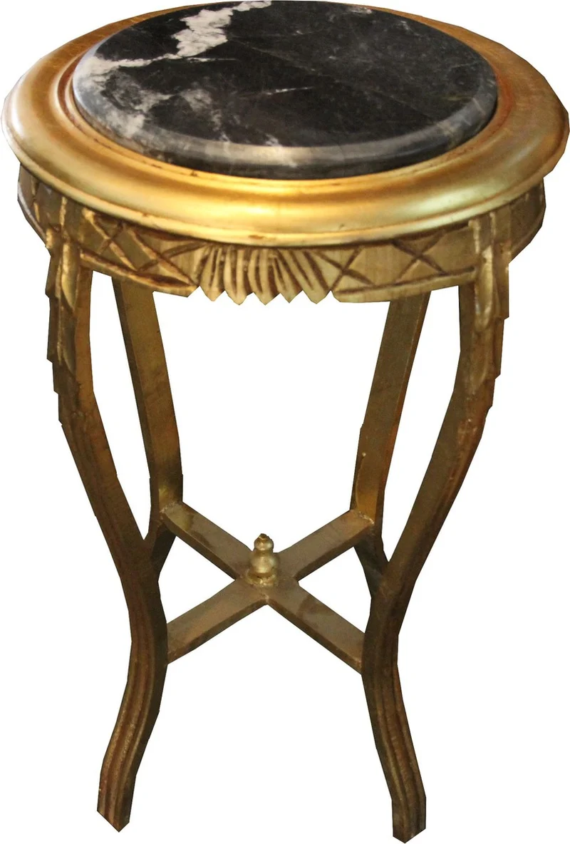 Casa Padrino Barock Beistelltisch Rund Gold / Schwarz mit Marmorplatte 40 cm x H. 68 cm Antik Stil