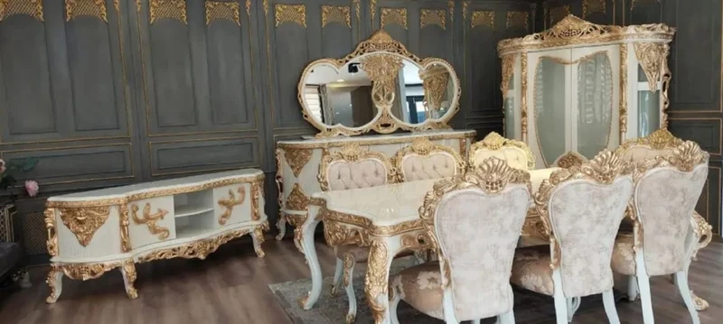 Casa Padrino Luxus Barock Esszimmer Set Grau / Weiß / Gold - 1 Barock Esstisch & 6 Barock Esszimmerstühle mit elegantem Muster - Esszimmer Möbel im Barockstil - Edel & Prunkvoll