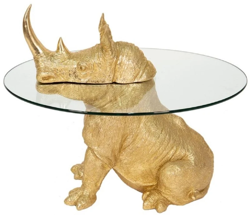 Casa Padrino Luxus Beistelltisch Nashorn Gold Ø 65 x H. 55 cm - Runder Kunstharz Tisch mit Glasplatte - Wohnzimmer Möbel - Luxus Möbel - Luxus Einrichtung - Wohnzimmer Einrichtung