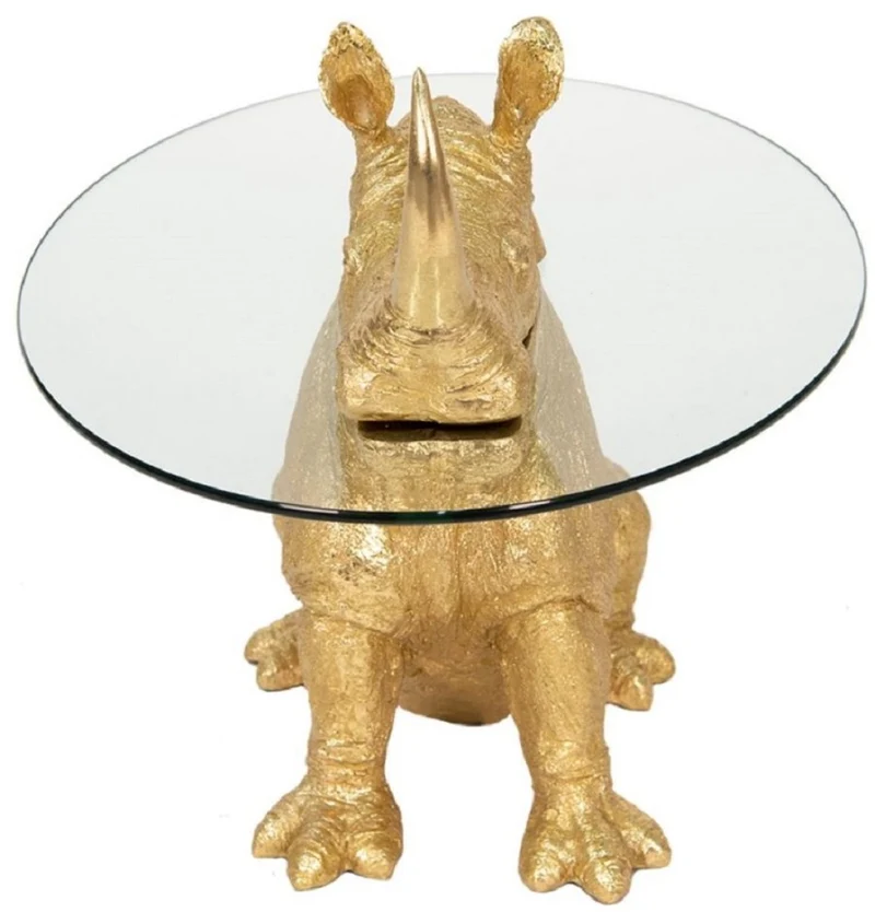 Casa Padrino Luxus Beistelltisch Nashorn Gold Ø 65 x H. 55 cm - Runder Kunstharz Tisch mit Glasplatte - Wohnzimmer Möbel - Luxus Möbel - Luxus Einrichtung - Wohnzimmer Einrichtung