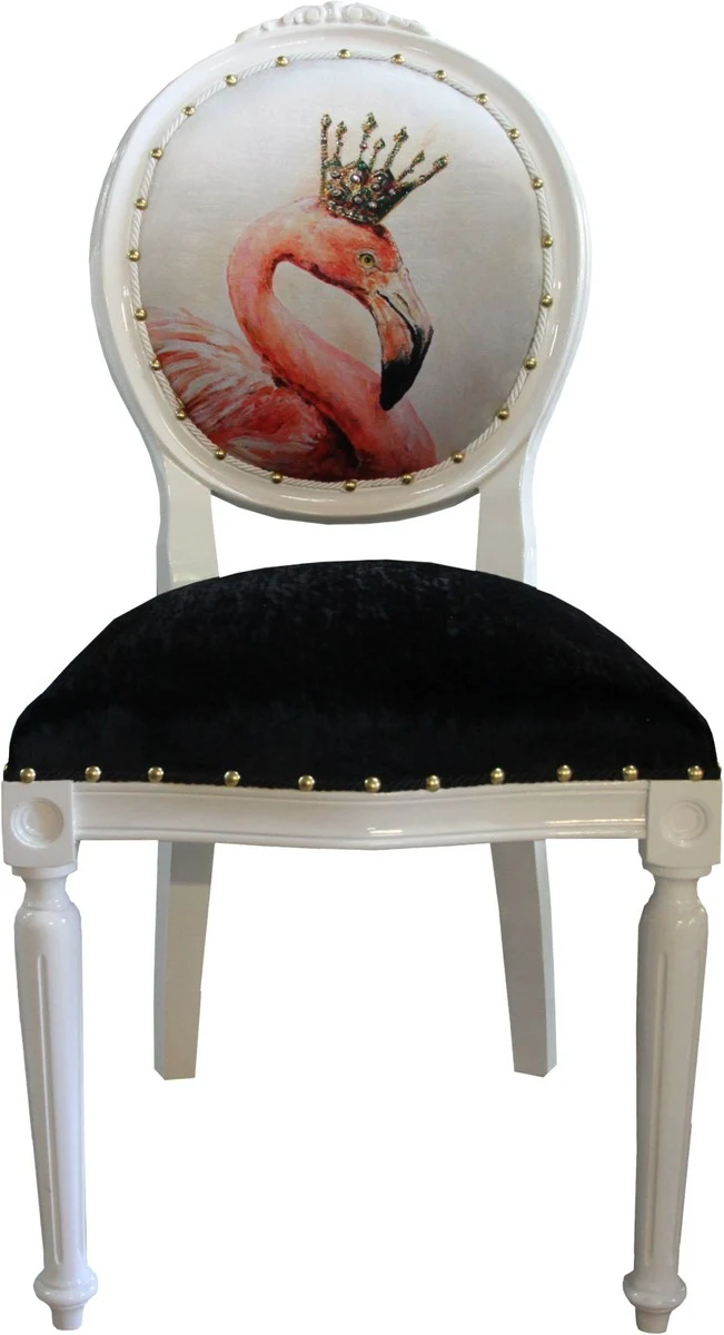 Casa Padrino Barock Luxus Esszimmer Stuhl ohne Armlehnen Flamingo Weiß mit Krone und mit Bling Bling Glitzersteinen - Designer Stuhl - Limited Edition