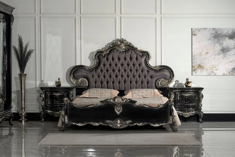 Casa Padrino Luxus Barock Doppelbett Anthrazit Grau / Schwarz / Silber - Prunkvolles Massivholz Bett - Luxus Schlafzimmer Möbel im Barockstil - Barock Schlafzimmer Möbel - Edel & Prunkvoll
