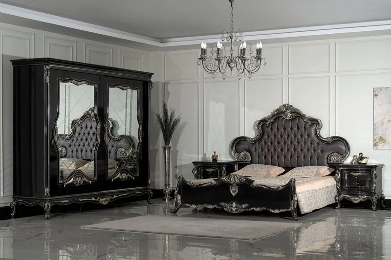 Casa Padrino Luxus Barock Doppelbett Anthrazit Grau / Schwarz / Silber - Prunkvolles Massivholz Bett - Luxus Schlafzimmer Möbel im Barockstil - Barock Schlafzimmer Möbel - Edel & Prunkvoll