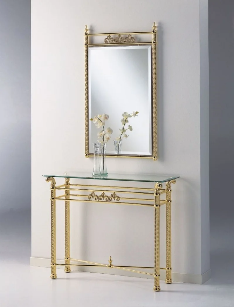 Casa Padrino Luxus Messing Spiegelkonsole - Luxus Messing Konsole mit Glasplatte und Wandspiegel - Luxus Möbel - Garderoben Möbel - Hotel Möbel - Luxus Qualität - Made in Italy