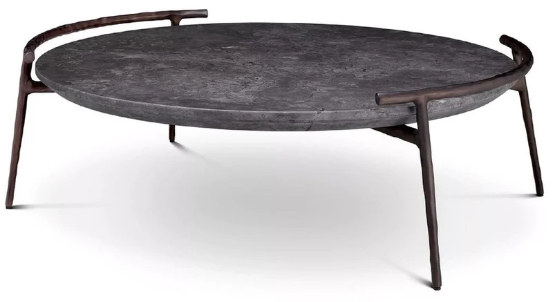 Casa Padrino Luxus Couchtisch Grau / Bronze Ø 106 x H. 35,5 cm - Aluminium Wohnzimmertisch mit Marmorplatte - Wohnzimmer Möbel - Luxus Möbel - Wohnzimmer Einrichtung - Luxus Qualität
