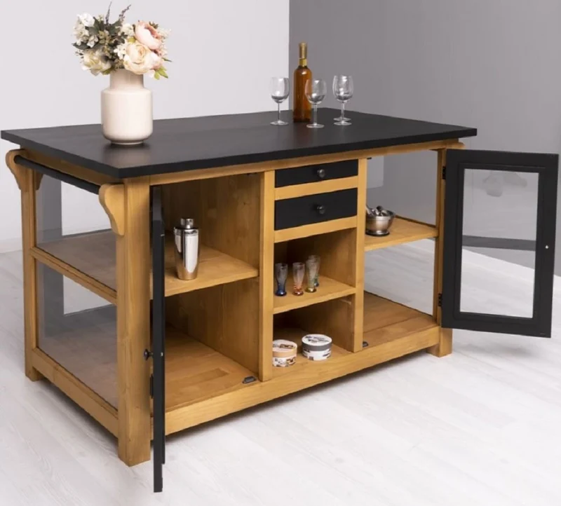 Casa Padrino Landhausstil Kücheninsel Schwarz / Naturfarben 150 x 90 x H. 90 cm - Massivholz Küchenschrank - Landhausstil Massivholz Küchen Möbel - Massivholz Esszimmer Möbel im Landhausstil