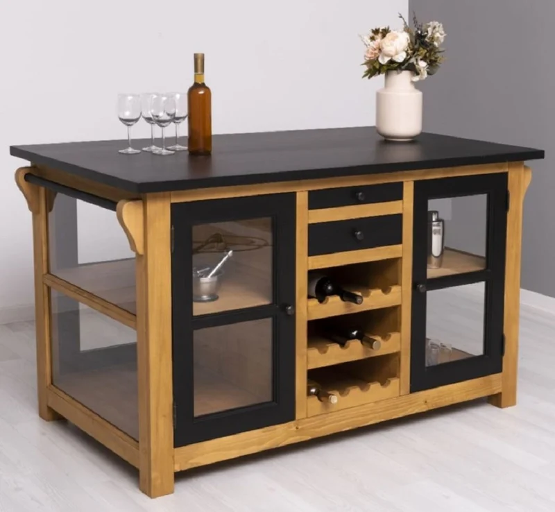 Casa Padrino Landhausstil Kücheninsel Schwarz / Naturfarben 150 x 90 x H. 90 cm - Massivholz Küchenschrank - Landhausstil Massivholz Küchen Möbel - Massivholz Esszimmer Möbel im Landhausstil