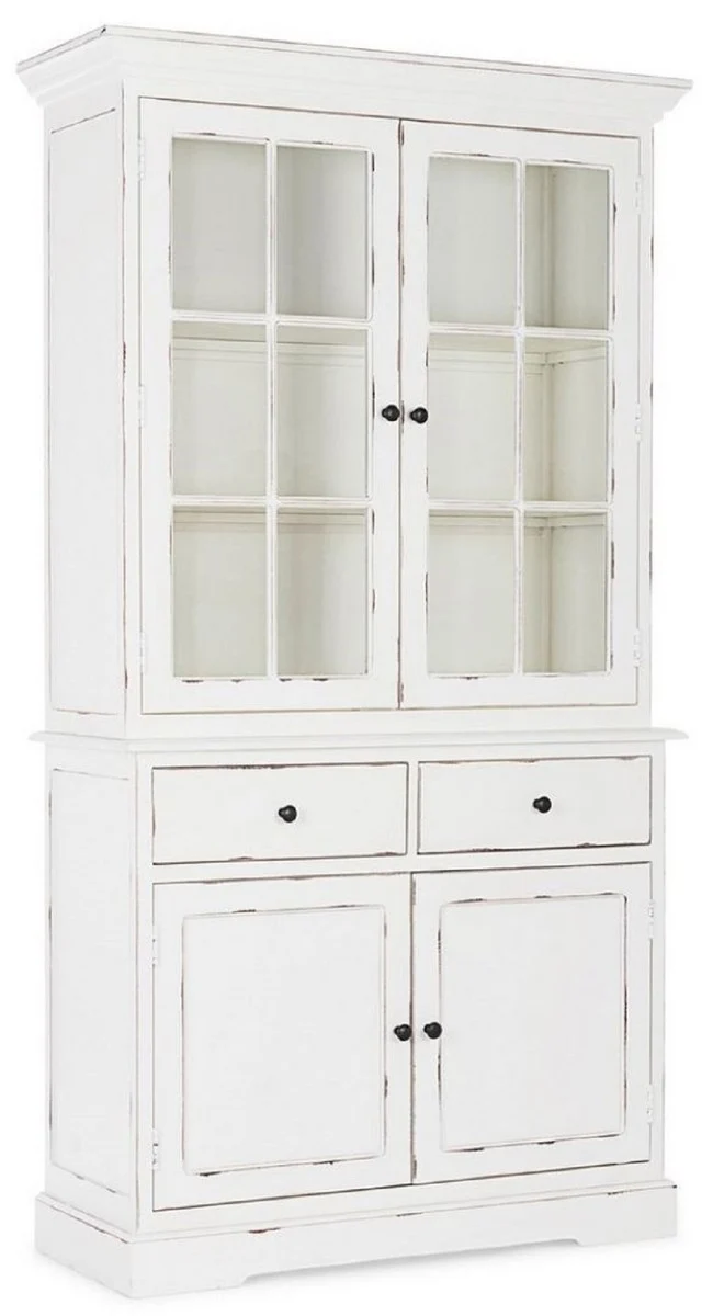 Casa Padrino Landhausstil Schrank Antik Weiß 111,4 x 42,5 x H. 203 cm - Landhausstil Esszimmerschrank mit 4 Türen und 2 Schubladen - Landhausstil Vitrine - Landhausstil Esszimmer Möbel