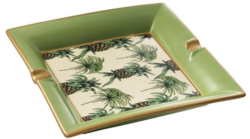 Casa Padrino Luxus Porzellan Aschenbecher Ananas Design Grün / Mehrfarbig 24,5 x 24,5 x H. 4 cm - Wohnzimmer Accessoires
