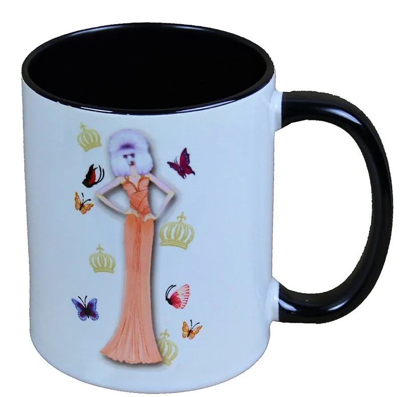 Casa Padrino Luxus Tasse Hund mit orangefarbenem Abendkleid designed by Harald Glööckler 9,5cm x 8,5cm