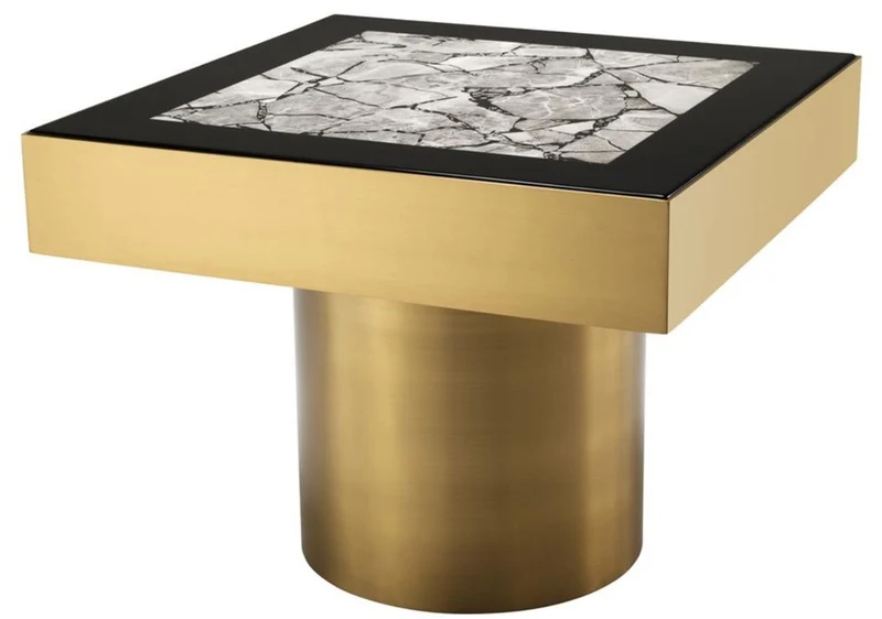 Casa Padrino Luxus Edelstahl Beistelltisch mit Kunstmarmorplatte Messingfarben / Hochglanzschwarz / Grau 65 x 65 x H. 50 cm - Designer Wohnzimmermöbel
