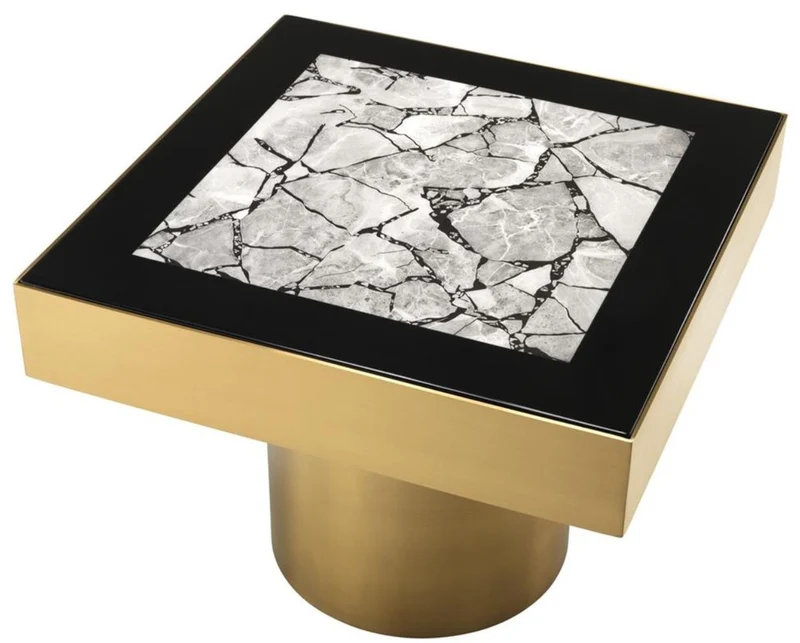 Casa Padrino Luxus Edelstahl Beistelltisch mit Kunstmarmorplatte Messingfarben / Hochglanzschwarz / Grau 65 x 65 x H. 50 cm - Designer Wohnzimmermöbel