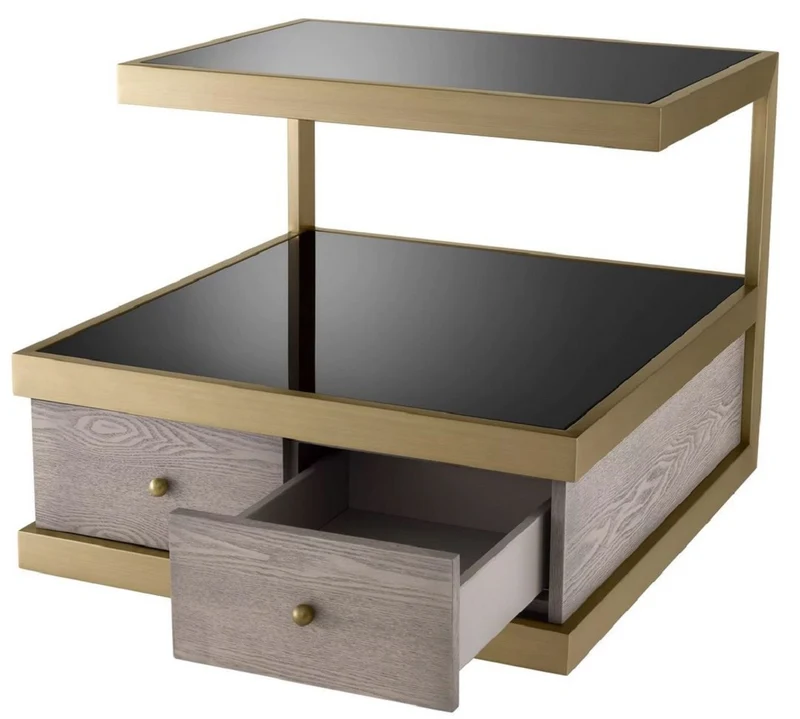 Casa Padrino Luxus Beistelltisch Messing / Grau / Schwarz 70 x 75 x H. 58 cm - Wohnzimmer Beistelltisch mit 2 Schubladen und 2 Glasplatten - Wohnzimmer Möbel - Luxus Möbel - Luxus Einrichtung