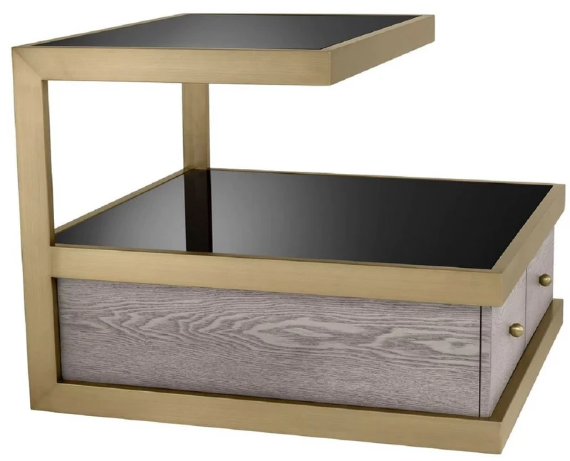 Casa Padrino Luxus Beistelltisch Messing / Grau / Schwarz 70 x 75 x H. 58 cm - Wohnzimmer Beistelltisch mit 2 Schubladen und 2 Glasplatten - Wohnzimmer Möbel - Luxus Möbel - Luxus Einrichtung