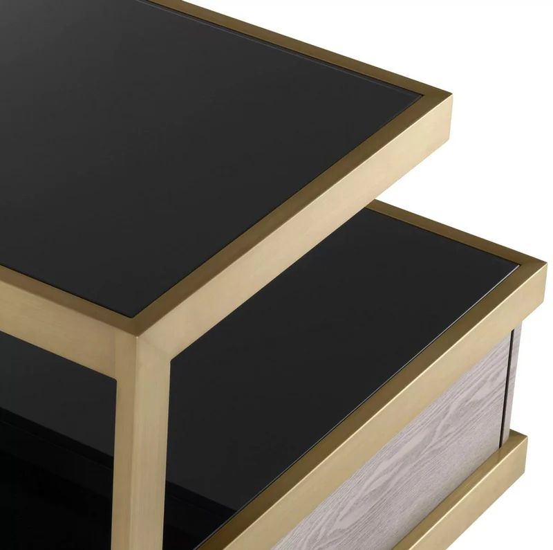 Casa Padrino Luxus Beistelltisch Messing / Grau / Schwarz 70 x 75 x H. 58 cm - Wohnzimmer Beistelltisch mit 2 Schubladen und 2 Glasplatten - Wohnzimmer Möbel - Luxus Möbel - Luxus Einrichtung
