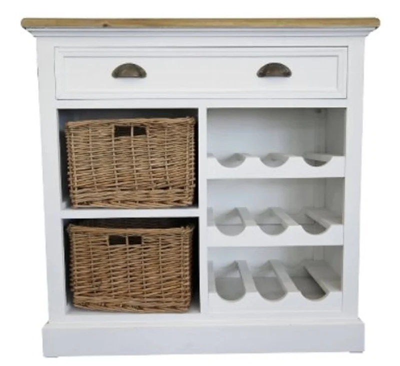 Casa Padrino Landhausstil Kommode mit Schublade, 2 Rattankörben und Flaschenablage, Antik Weiß / Naturfarben, 80 x 35 x H. 80 cm