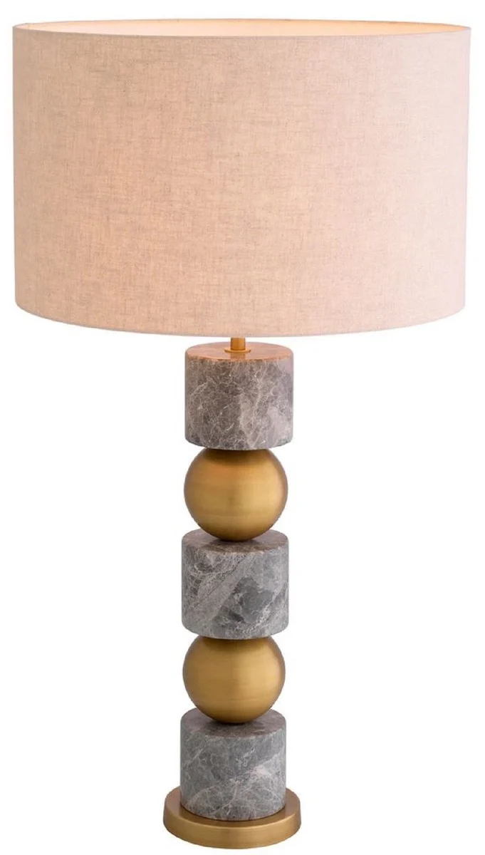 Casa Padrino Luxus Tischleuchte Antik Messing / Grau / Creme Ø 50 x H. 92,5 cm - Schreibtischleuchte mit rundem Lampenschirm - Luxus Tischleuchten - Luxus Schreibtischleuchten - Luxus Leuchten