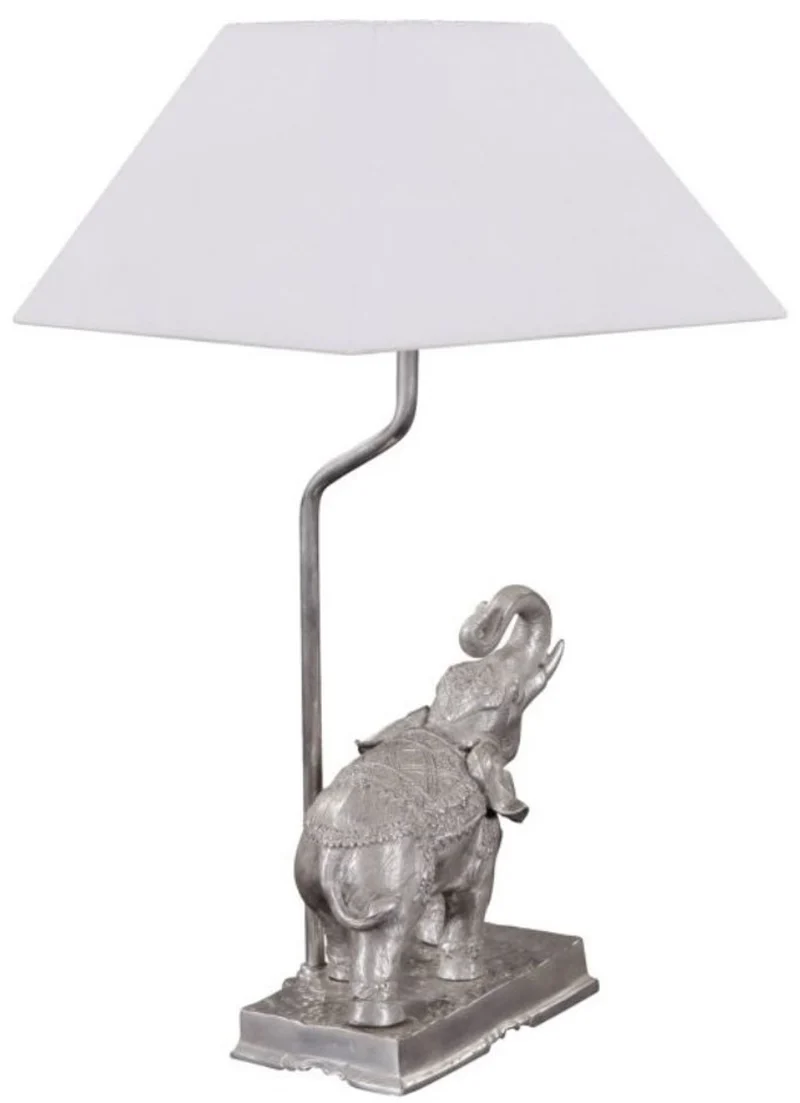 Casa Padrino Tischleuchte Bronze Elefant Versilbert 35 x 29 x H. 50 cm - Luxus Tischlampe mit weißem Lampenschirm