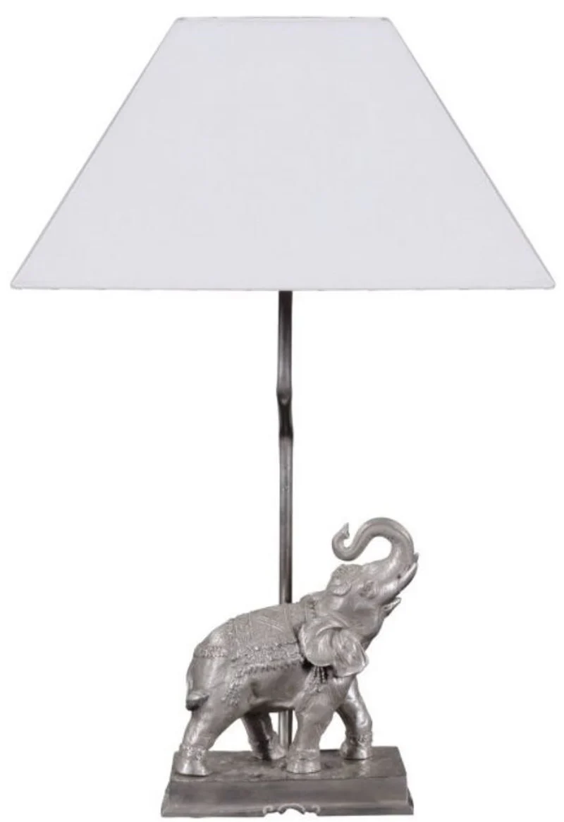 Casa Padrino Tischleuchte Bronze Elefant Versilbert 35 x 29 x H. 50 cm - Luxus Tischlampe mit weißem Lampenschirm