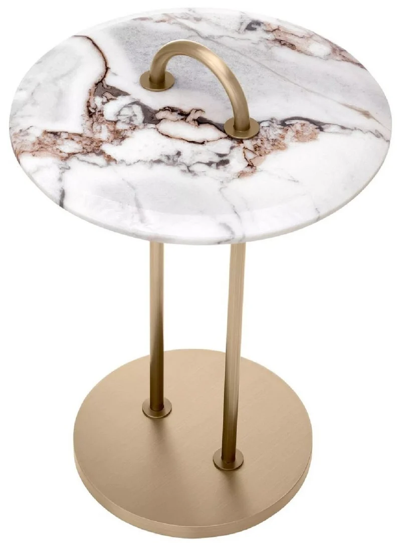 Casa Padrino Luxus Beistelltisch Messing / Weiß Ø 38,5 x H. 58 cm - Runder Tisch mit Marmorplatte und Tragegriff - Wohnzimmer Möbel - Luxus Möbel - Wohnzimmer Einrichtung - Luxus Qualität