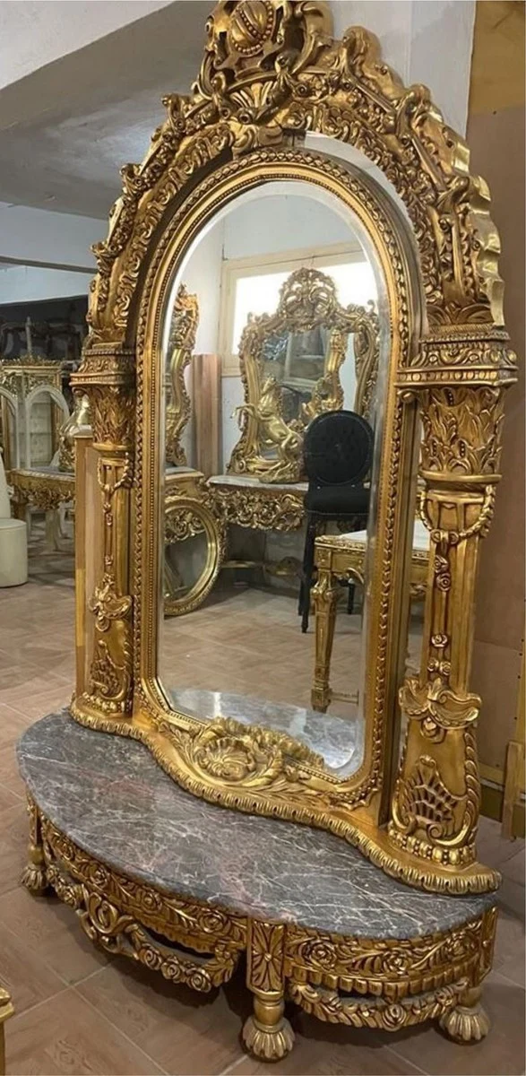 Casa Padrino Barock Spiegelkonsole mit Marmorplatte Gold / Grau - Handgefertigte Barock Konsole mit Spiegel - Barock Möbel - Edel & Prunkvoll