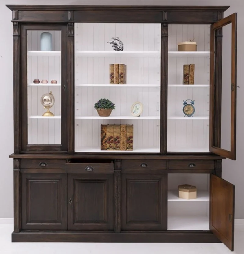 Casa Padrino Landhausstil Esszimmerschrank Dunkelbraun / Weiß 223 x 51 x H. 240 cm - Massivholz Schrank - Küchenschrank - Landhausstil Esszimmer Möbel