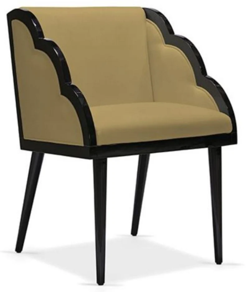 Casa Padrino Luxus Art Deco Esszimmerstuhl mit Armlehnen Ocker / Schwarz 61 x 67 x H. 89 cm - Edler Massivholz Küchenstuhl mit Samtstoff - Art Deco Esszimmer Möbel - Luxus Qualität