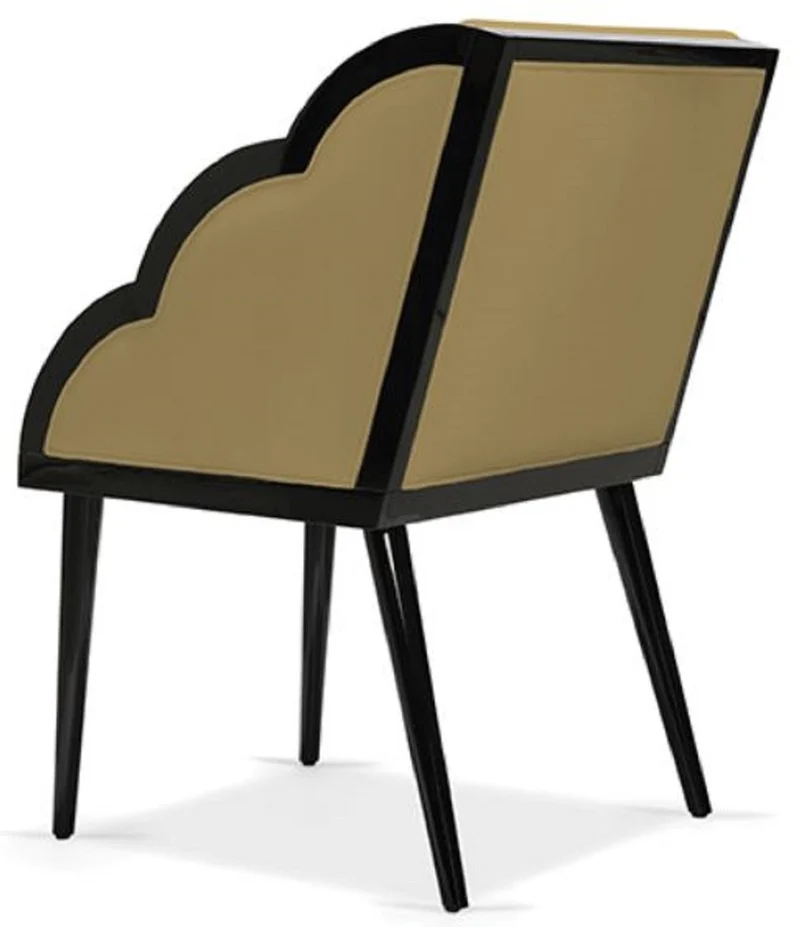 Casa Padrino Luxus Art Deco Esszimmerstuhl mit Armlehnen Ocker / Schwarz 61 x 67 x H. 89 cm - Edler Massivholz Küchenstuhl mit Samtstoff - Art Deco Esszimmer Möbel - Luxus Qualität