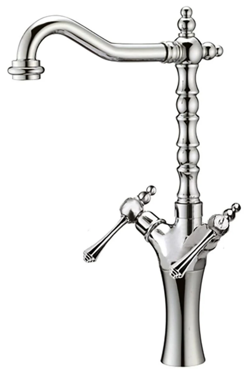 Casa Padrino Jugendstil Retro Waschtisch Armatur, Messing verchromt, Silber, Höhe 47,5 cm