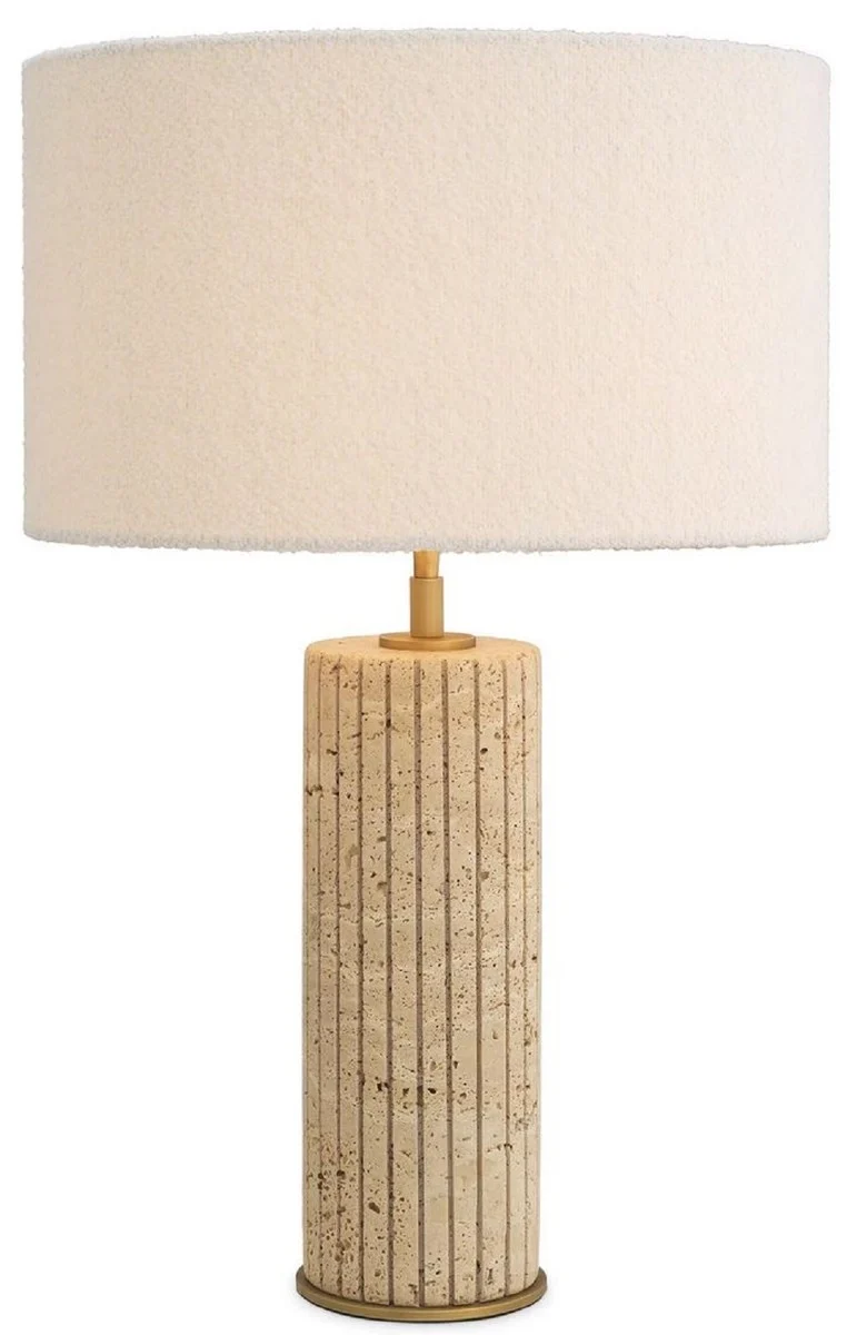 Casa Padrino Luxus Tischleuchte Beige / Antik Messing / Creme Ø 40 x H. 64 cm - Travertin Schreibtischleuchte mit rundem Lampenschirm - Luxus Tischleuchten - Luxus Leuchten - Luxus Möbel