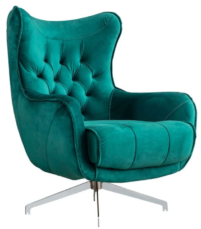 Casa Padrino Luxus Chesterfield Drehsessel Grün / Silber 86 x 82 x H. 100 cm - Wohnzimmer Sessel - Chesterfield Wohnzimmer Möbel