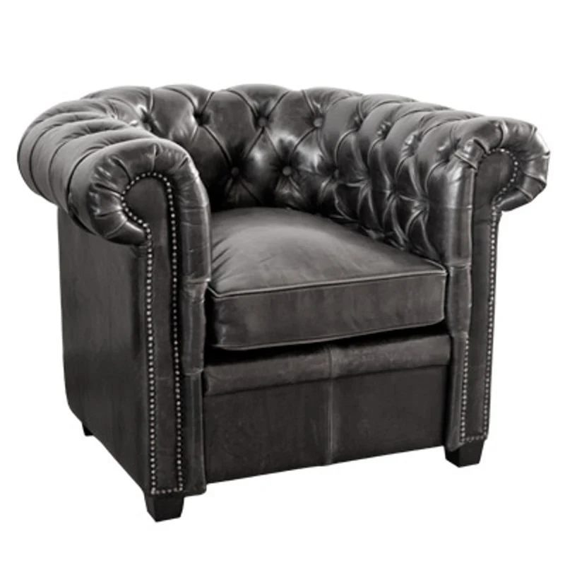 Casa Padrino Chesterfield Echtleder Sessel Schwarz aus Massivholz - Luxus Wohnzimmermöbel
