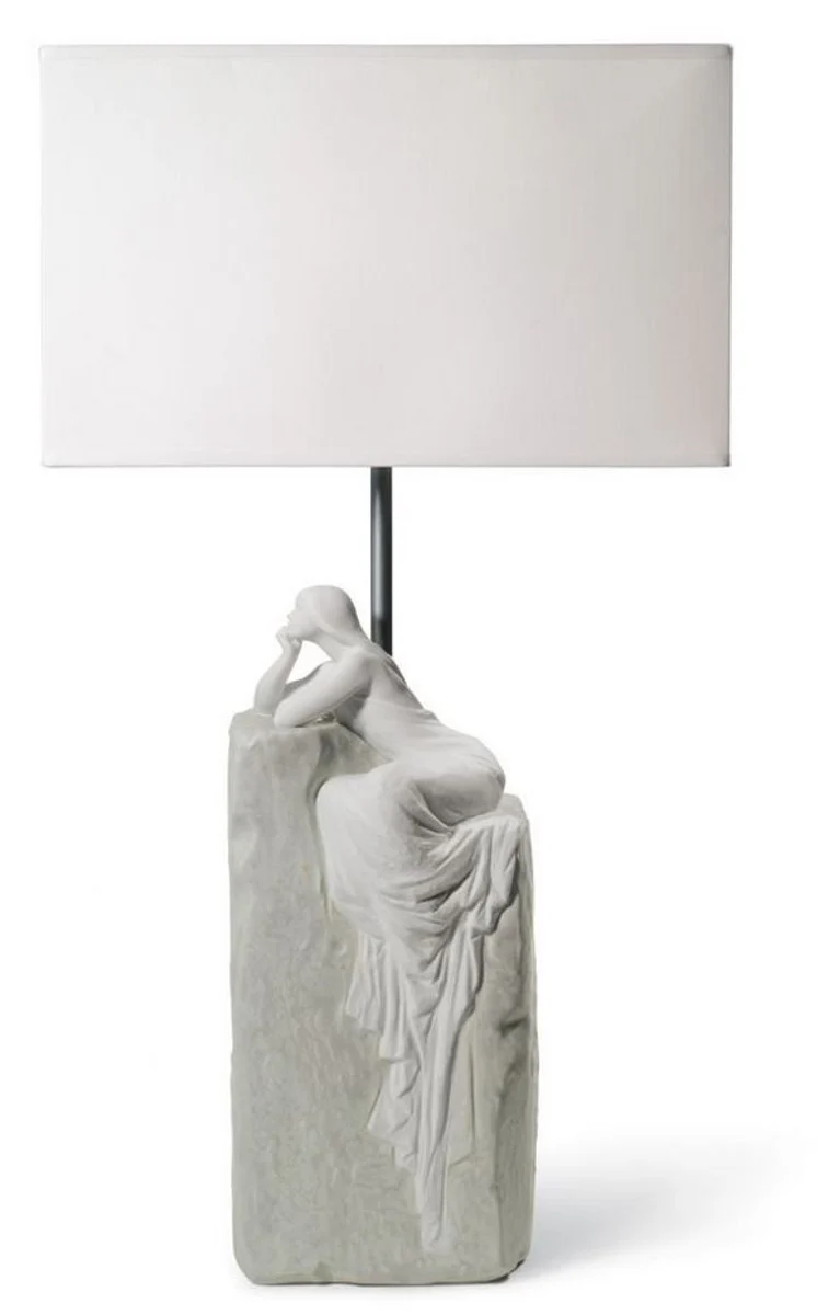 Casa Padrino Luxus Tischleuchte Grau / Weiß 30 x 20 x H. 57 cm - Designer Tischlampe mit hangefertigter Porzellan Skulptur einer meditierender Frau Mod2