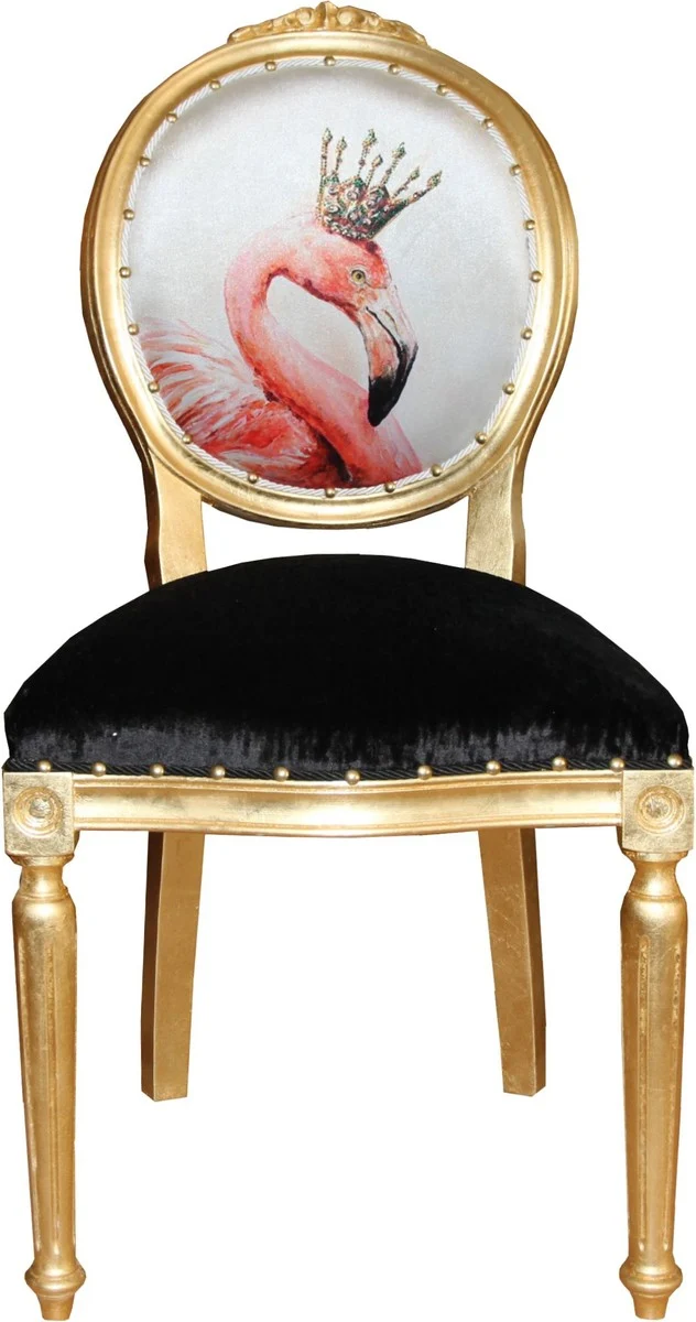 Casa Padrino Barock Luxus Esszimmer Stuhl ohne Armlehnen Flamingo Gold mit Krone und mit Bling Bling Glitzersteinen - Designer Stuhl - Limited Edition