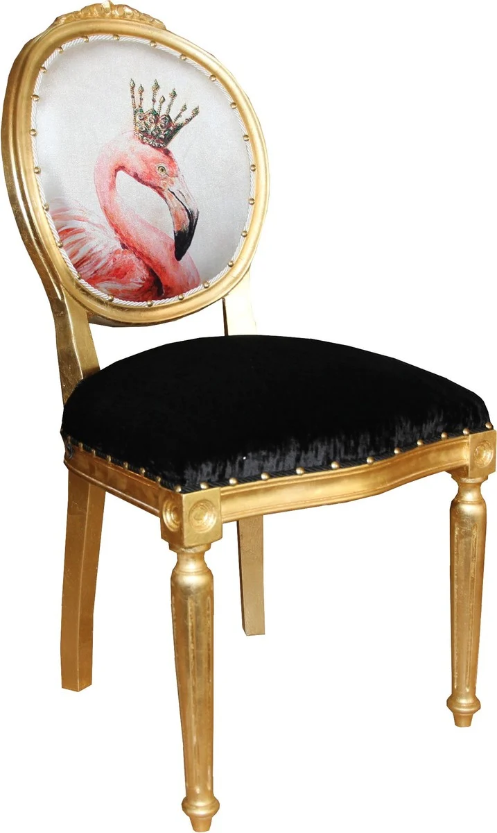 Casa Padrino Barock Luxus Esszimmer Stuhl ohne Armlehnen Flamingo Gold mit Krone und mit Bling Bling Glitzersteinen - Designer Stuhl - Limited Edition