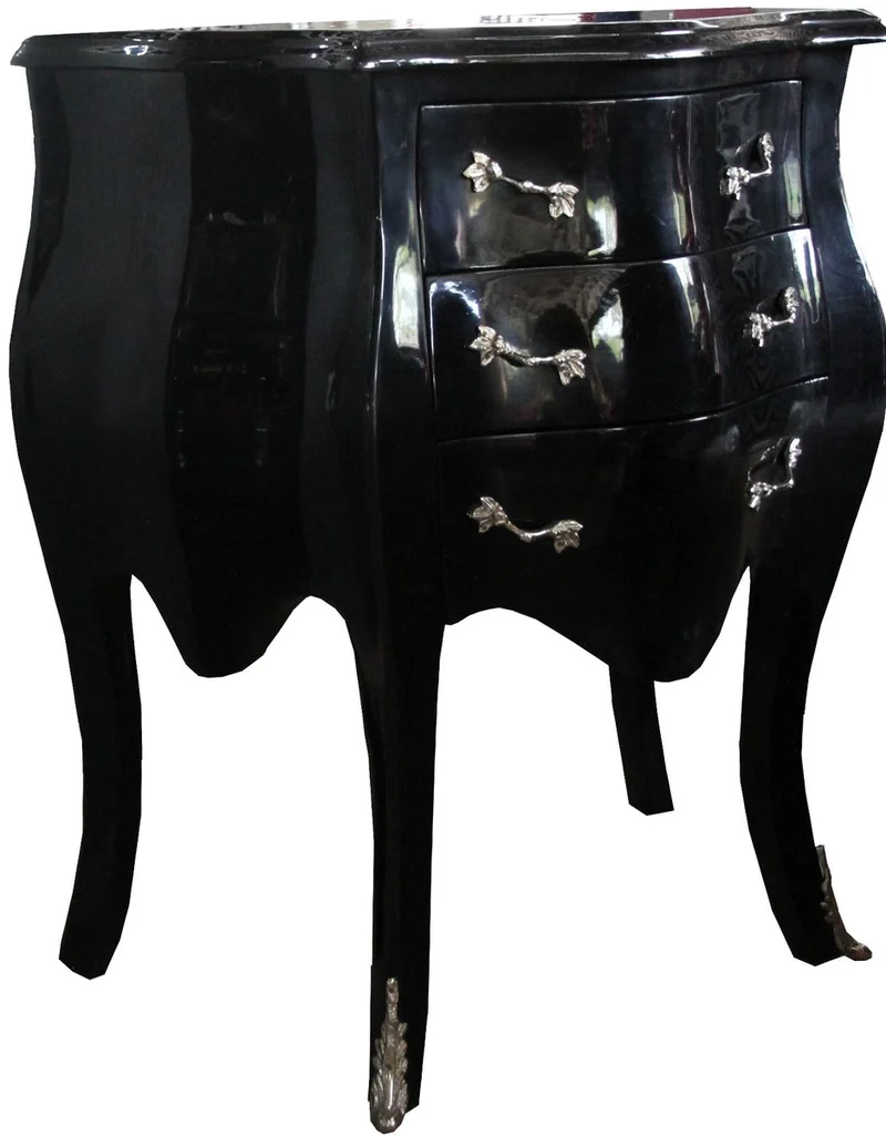 Casa Padrino Barock Kommode Schwarz / Silber H 74 cm, B 64 cm, T 40 cm - Nachttisch Kommode