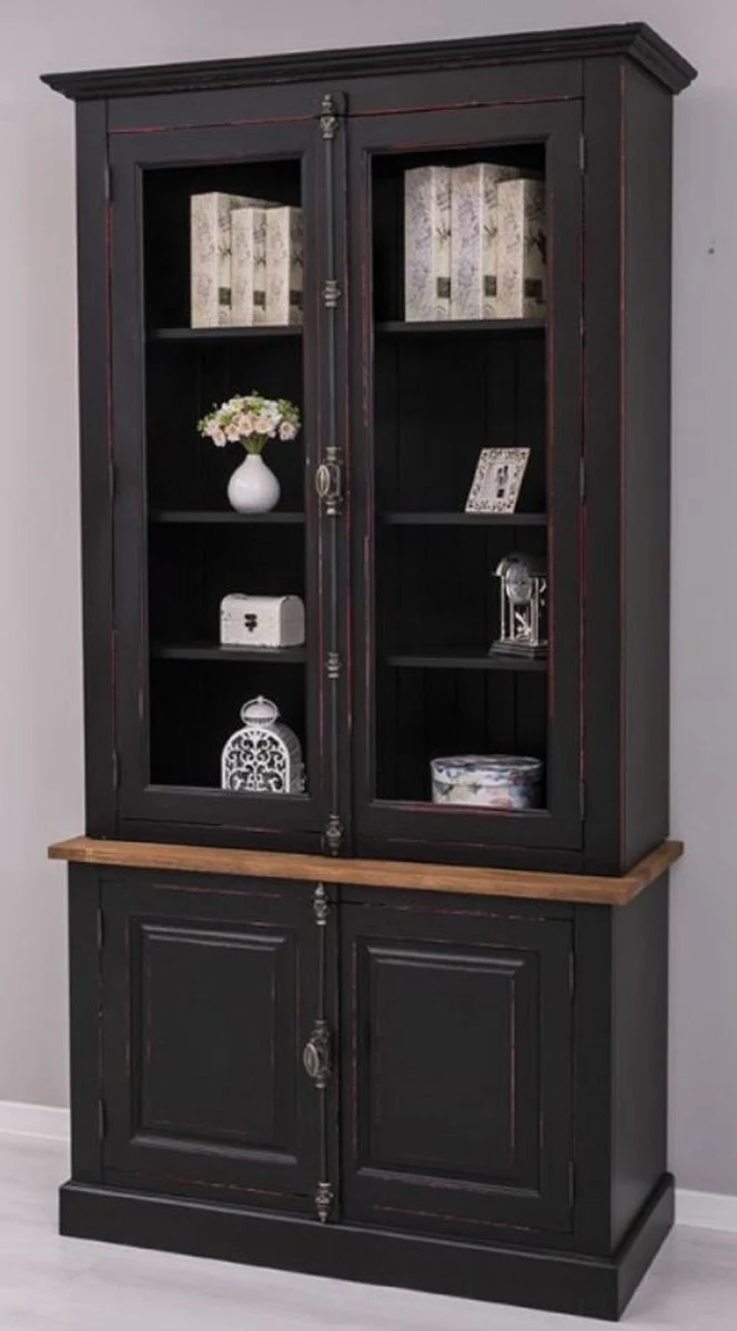 Casa Padrino Landhausstil Schrank Schwarz / Rot / Braun 120 x 50 x H. 228 cm - Massivholz Vitrine - Landhausstil Massivholz Möbel