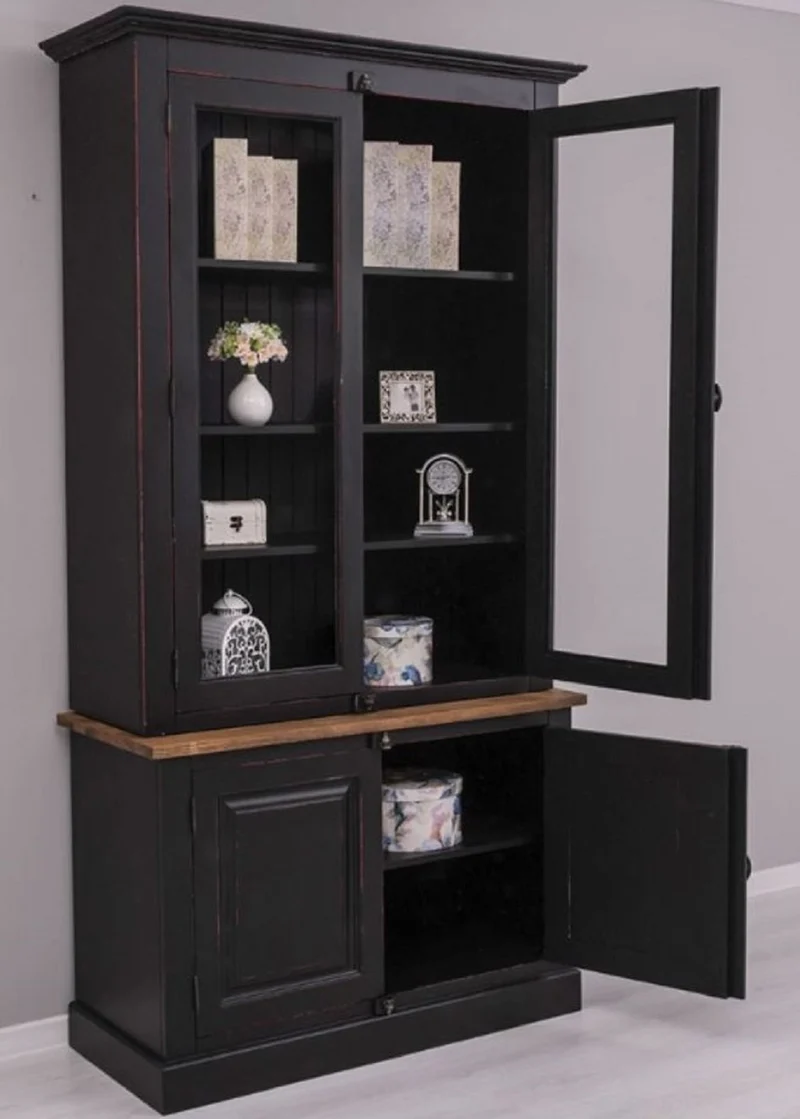 Casa Padrino Landhausstil Schrank Schwarz / Rot / Braun 120 x 50 x H. 228 cm - Massivholz Vitrine - Landhausstil Massivholz Möbel