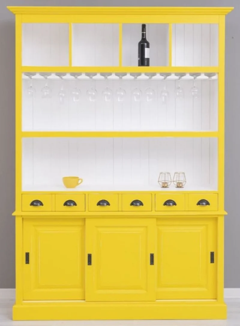 Casa Padrino Landhausstil Massivholz Barschrank Gelb / Weiß 151 x 36 x H. 210 cm - Massivholz Weinschrank im Landhausstil - Massivholz Bar Möbel - Landhausstil Bar Möbel